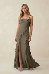 Ruffled Cami Strap Chiffon Sheath Bridesmaid Dress in Willow Green - KissProm Bridesmaid Dresses