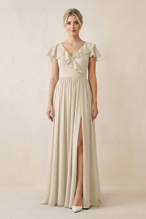 Cap Sleeve A-Line Ruffled Chiffon Bridesmaid Dress in Champagne, Champagne / 2