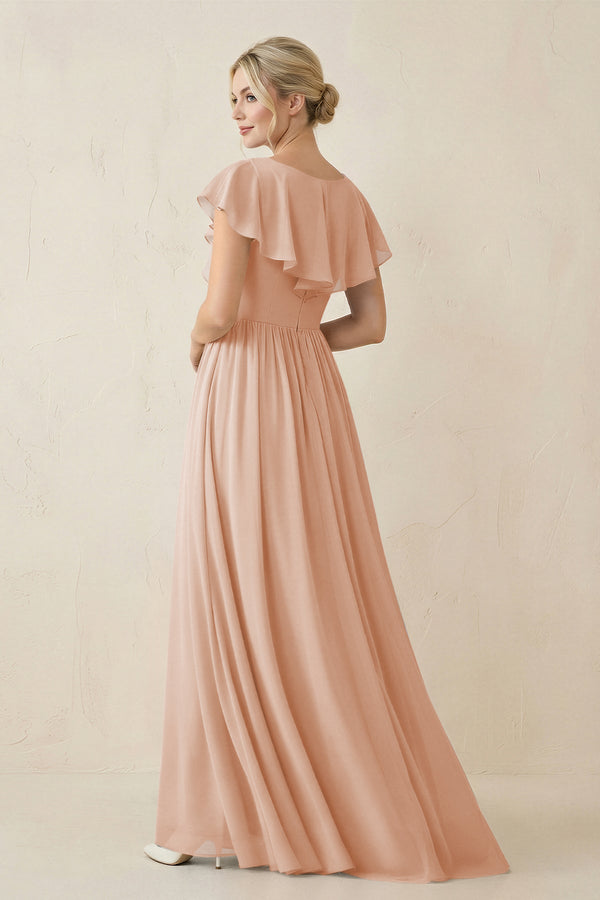 Cap Sleeve A-Line Ruffled Chiffon Bridesmaid Dress in Champagne Rose Cap Sleeve A-Line Ruffled Chiffon Bridesmaid Dress in Champagne Rose