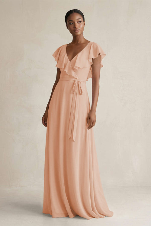 KissProm | V-Neck Ruffled Sleeve A-Line Chiffon Bridesmaid Dress in Champagne Rose KissProm | V-Neck Ruffled Sleeve A-Line Chiffon Bridesmaid Dress in Champagne Rose
