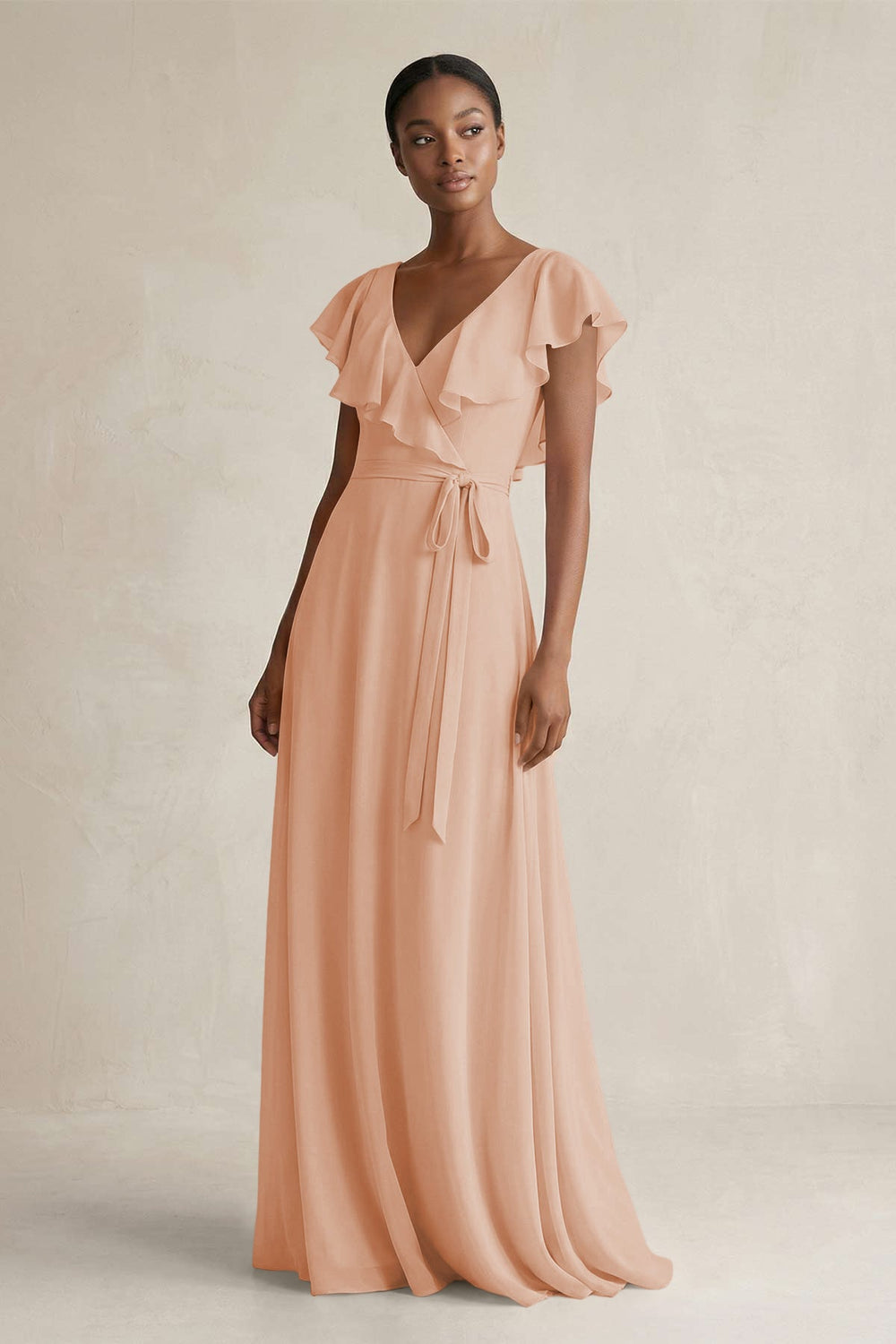 A-Line V-Neck Ruffled Sleeve Chiffon Bridesmaid Dress in Champagne Rose - KissProm BRIDESMAID DRESSES