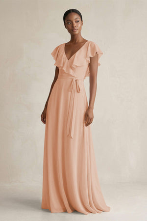 A-Line V-Neck Ruffled Sleeve Chiffon Bridesmaid Dress in Champagne Rose - KissProm BRIDESMAID DRESSES