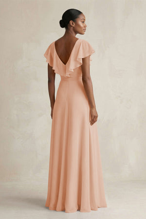 A-Line V-Neck Ruffled Sleeve Chiffon Bridesmaid Dress in Champagne Rose - KissProm BRIDESMAID DRESSES