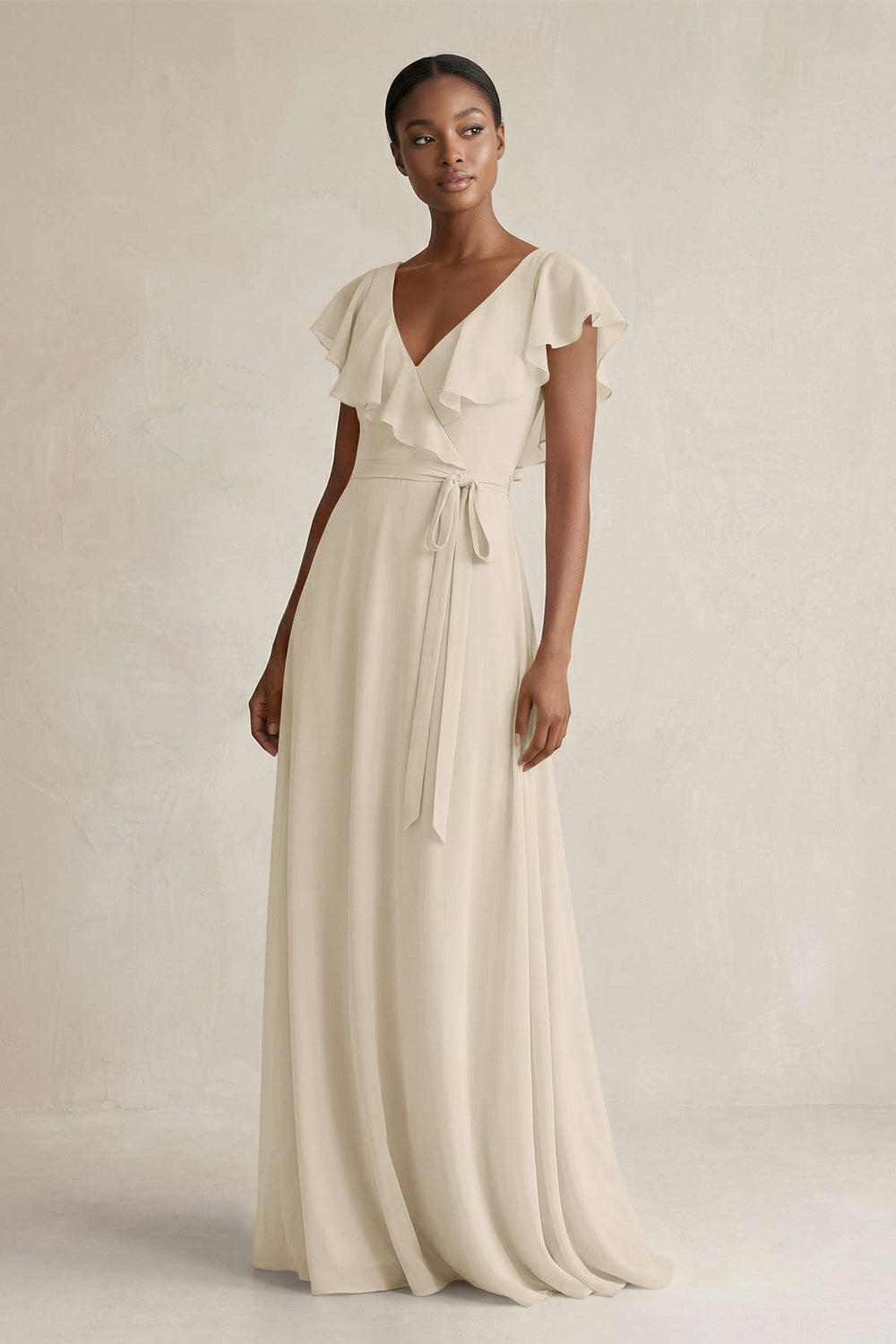 A-Line V-Neck Ruffled Sleeve Chiffon Bridesmaid Dress in Champagne - KissProm BRIDESMAID DRESSES
