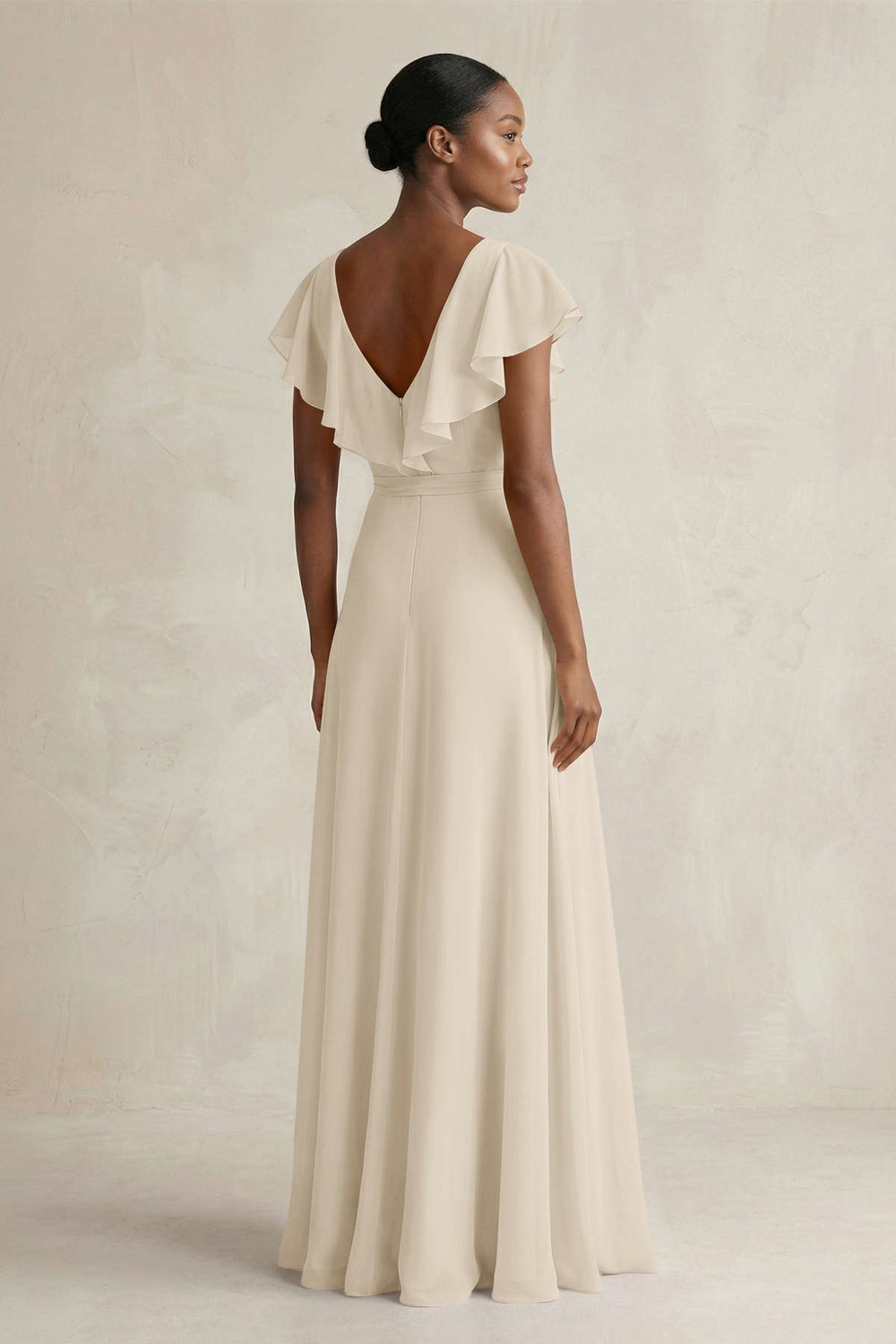A-Line V-Neck Ruffled Sleeve Chiffon Bridesmaid Dress in Champagne - KissProm BRIDESMAID DRESSES