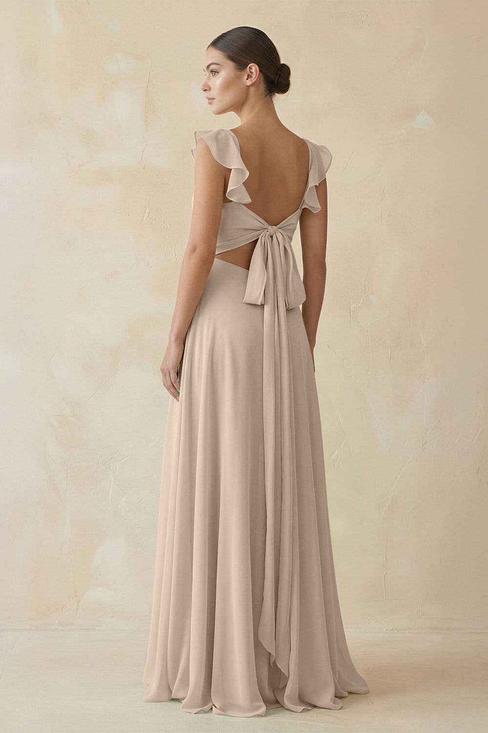 Ruffled Chiffon A - Line Long Bridesmaid Dress in Almond - KissProm