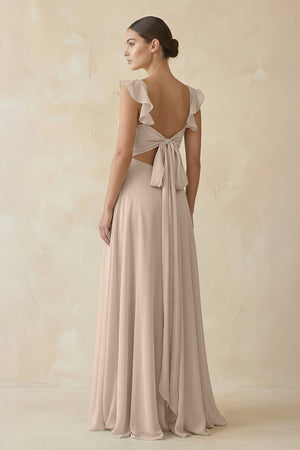 Ruffled Chiffon A - Line Long Bridesmaid Dress in Almond - KissProm