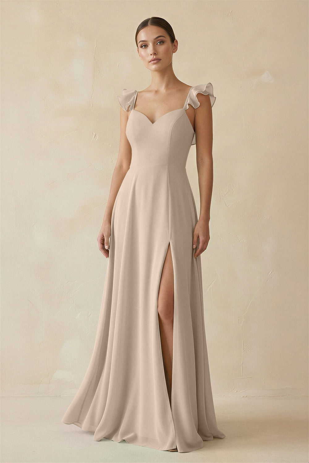 Ruffled Chiffon A - Line Long Bridesmaid Dress in Almond - KissProm