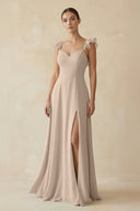 Ruffled Chiffon A - Line Long Bridesmaid Dress in Almond - KissProm