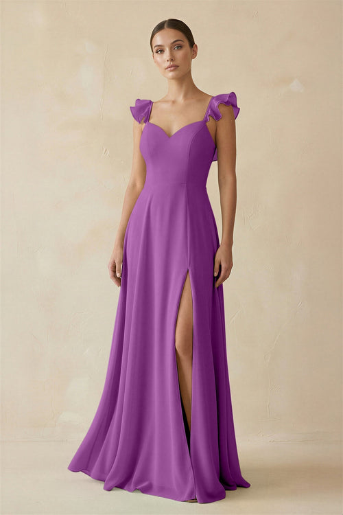 Ruffled Chiffon A - Line Long Bridesmaid Dress in Amethyst - KissProm