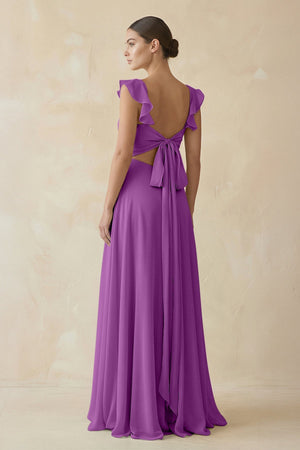Ruffled Chiffon A - Line Long Bridesmaid Dress in Amethyst - KissProm