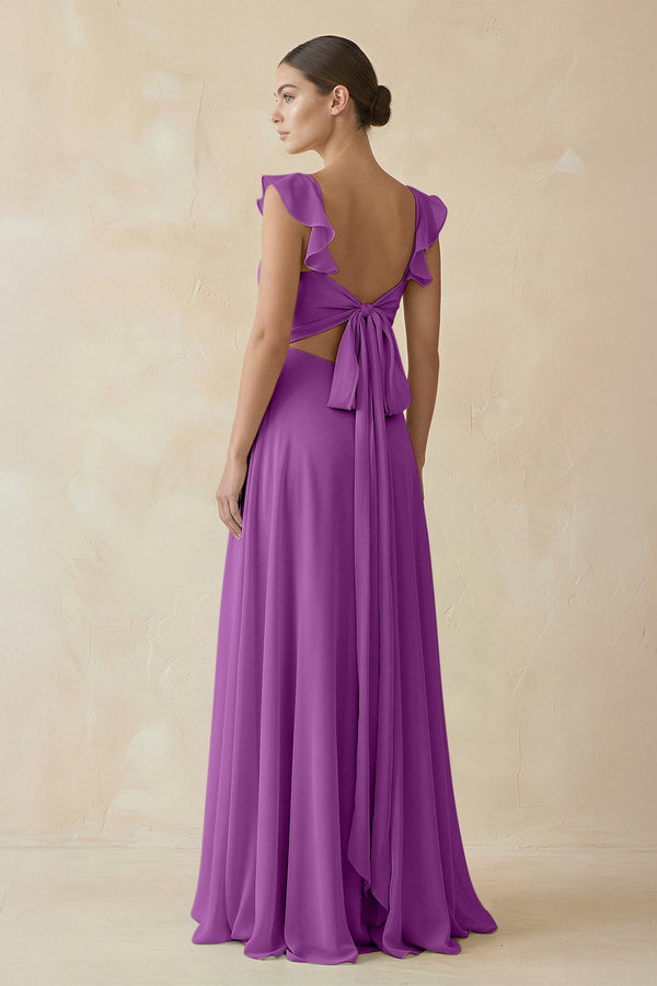 Ruffled Chiffon A - Line Long Bridesmaid Dress in Amethyst - KissProm