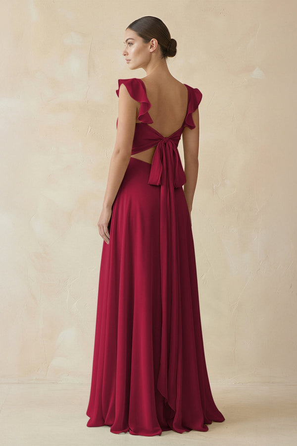 KissProm Ruffled Chiffon A-Line Long Bridesmaid Dress in Berry, Berry / 4