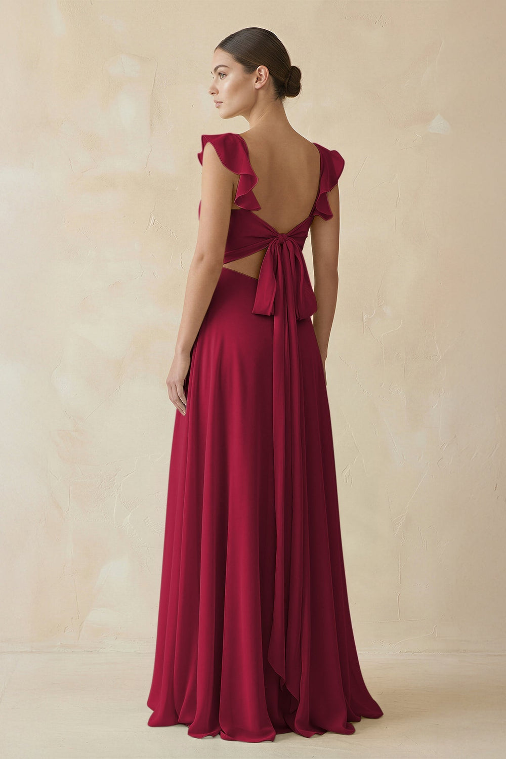 Ruffled Chiffon A - Line Long Bridesmaid Dress in Berry - KissProm