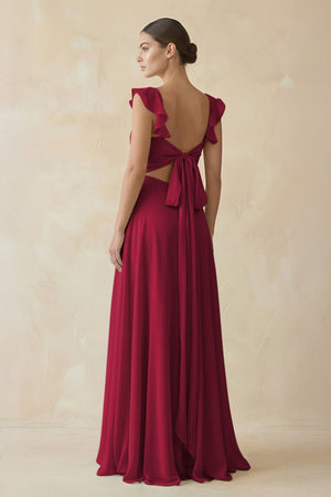 Ruffled Chiffon A - Line Long Bridesmaid Dress in Berry - KissProm