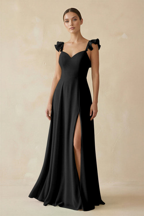 Ruffled Chiffon A - Line Long Bridesmaid Dress in Black - KissProm