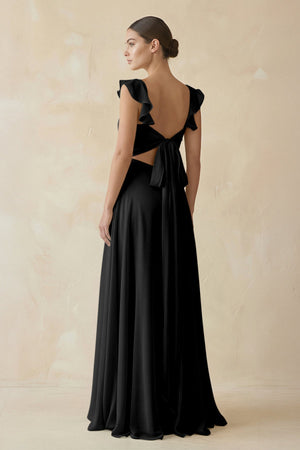 Ruffled Chiffon A - Line Long Bridesmaid Dress in Black - KissProm