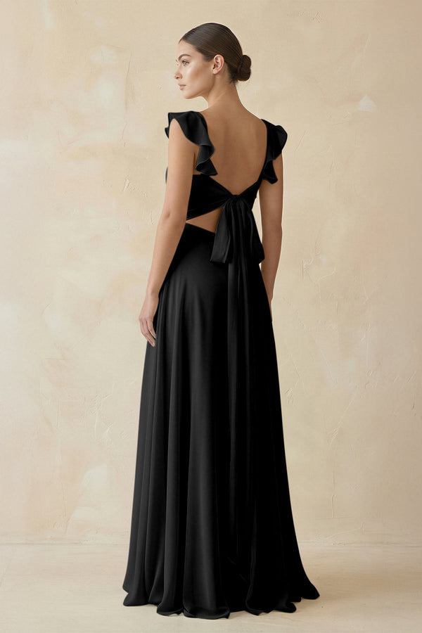 Ruffled Chiffon A - Line Long Bridesmaid Dress in Black - KissProm