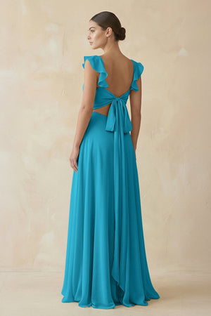 Ruffled Chiffon A - Line Long Bridesmaid Dress in Blue Jay - KissProm
