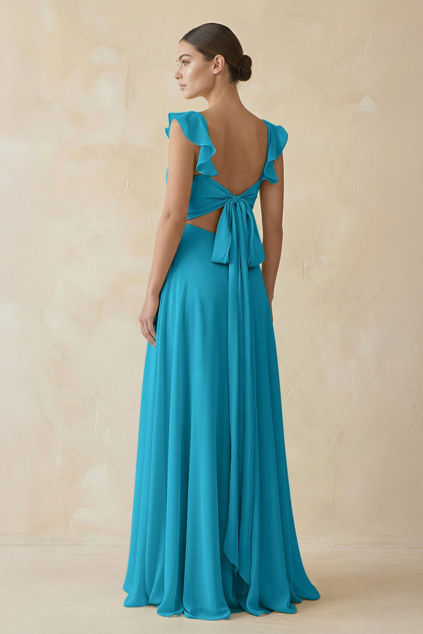 Ruffled Chiffon A - Line Long Bridesmaid Dress in Blue Jay - KissProm