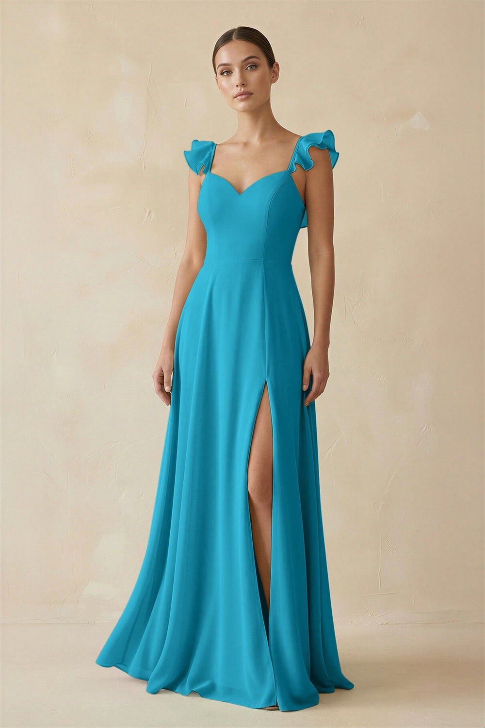 Ruffled Chiffon A - Line Long Bridesmaid Dress in Blue Jay - KissProm