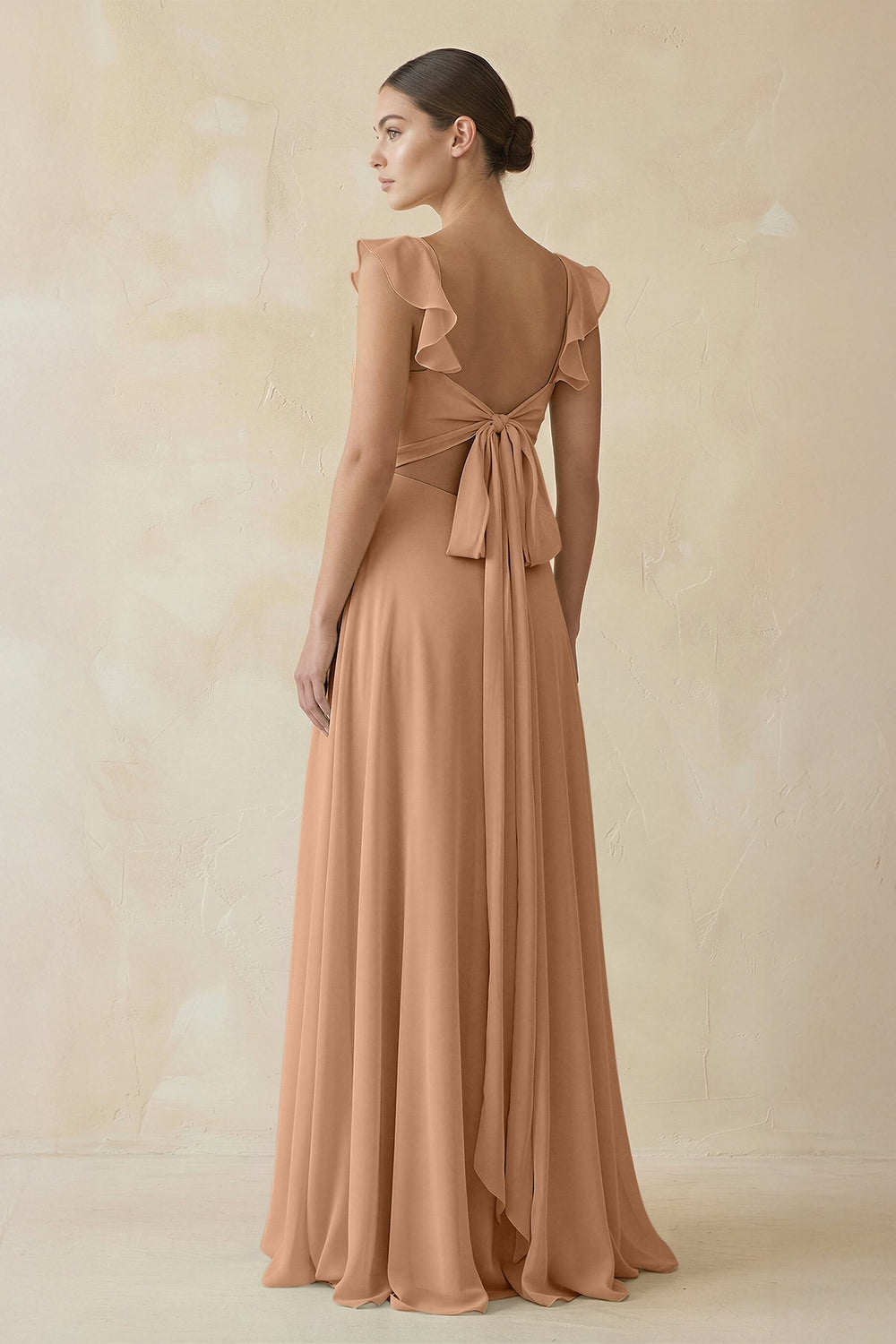 Ruffled Chiffon A - Line Long Bridesmaid Dress in Bronzer - KissProm