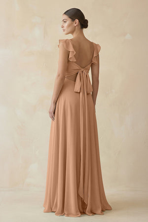 Ruffled Chiffon A - Line Long Bridesmaid Dress in Bronzer - KissProm