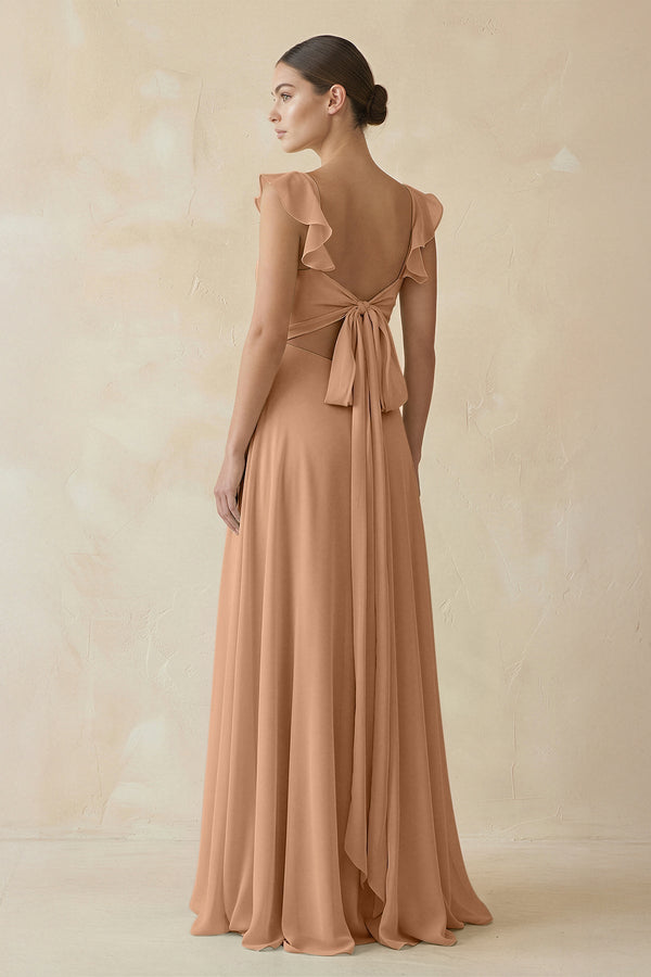 Ruffled Chiffon A - Line Long Bridesmaid Dress in Bronzer - KissProm