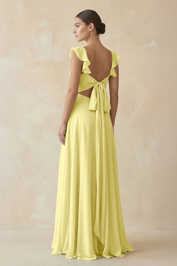 Ruffled Chiffon A - Line Long Bridesmaid Dress in Buttercup - KissProm
