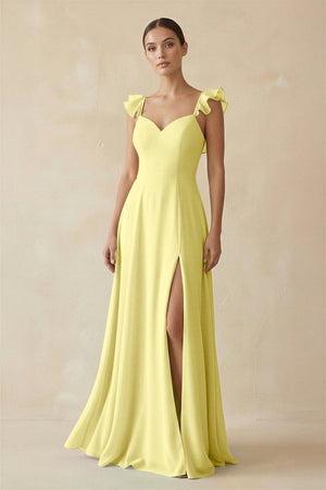 Ruffled Chiffon A - Line Long Bridesmaid Dress in Buttercup - KissProm