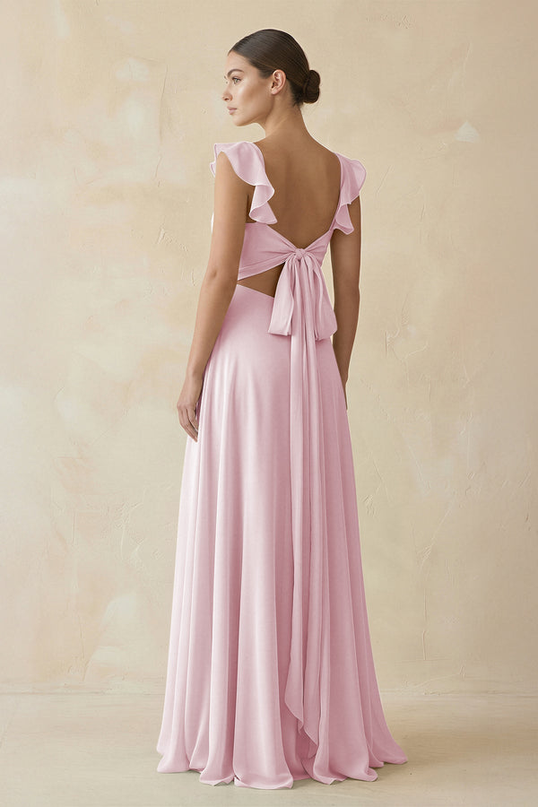 Ruffled Chiffon A-Line Long Bridesmaid Dress in Candy Pink, Candy Pink / 18