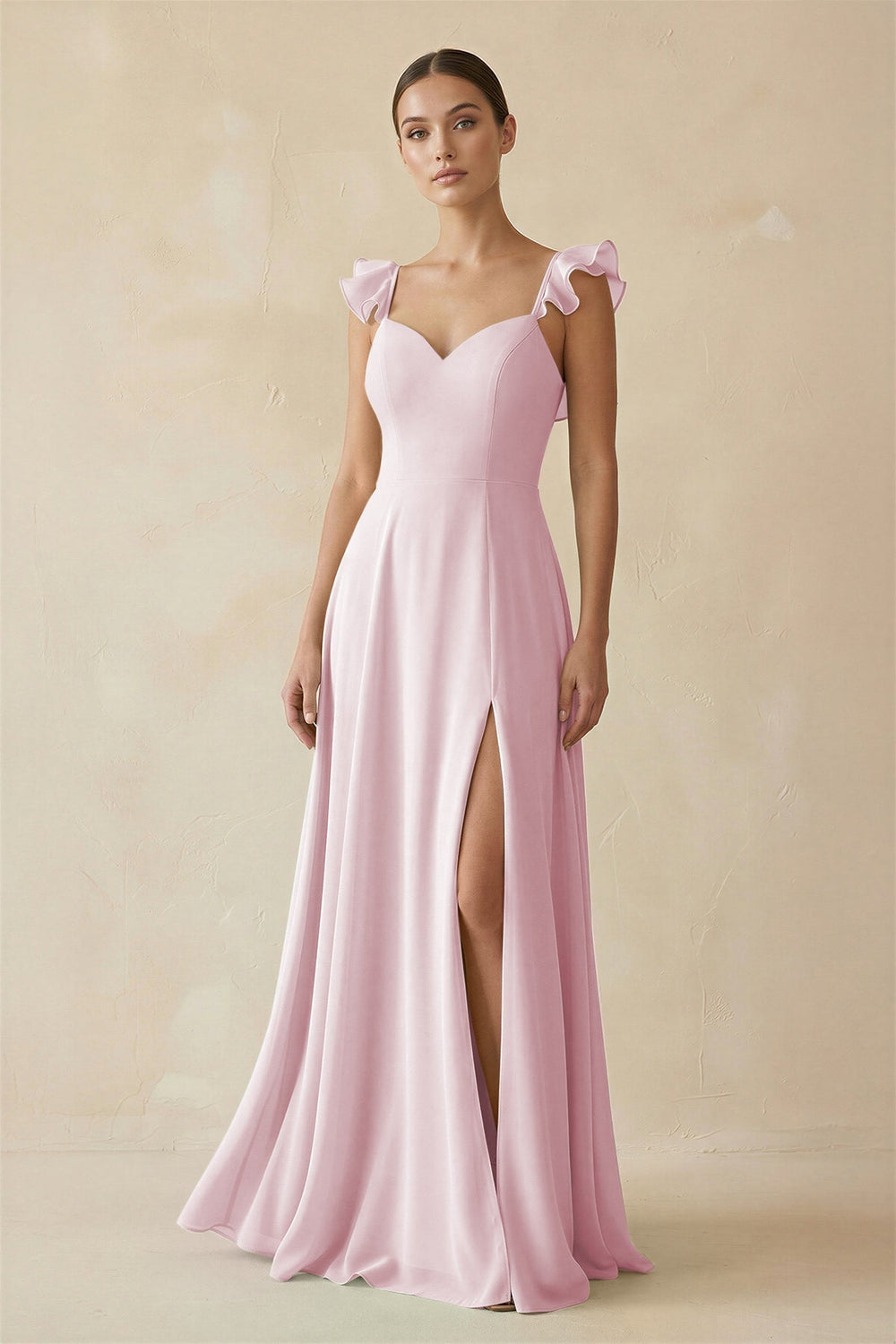 Ruffled Chiffon A - Line Long Bridesmaid Dress in Candy Pink - KissProm