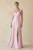 Ruffled Chiffon A - Line Long Bridesmaid Dress in Candy Pink - KissProm