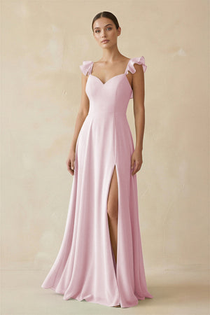 Ruffled Chiffon A - Line Long Bridesmaid Dress in Candy Pink - KissProm