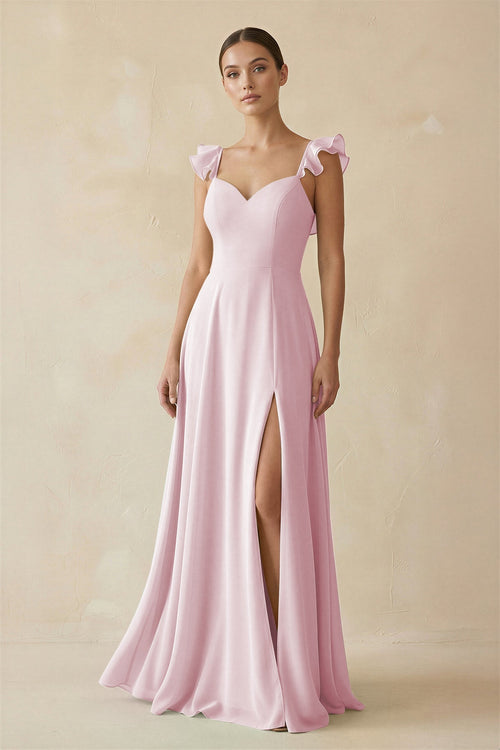 Ruffled Chiffon A - Line Long Bridesmaid Dress in Candy Pink - KissProm