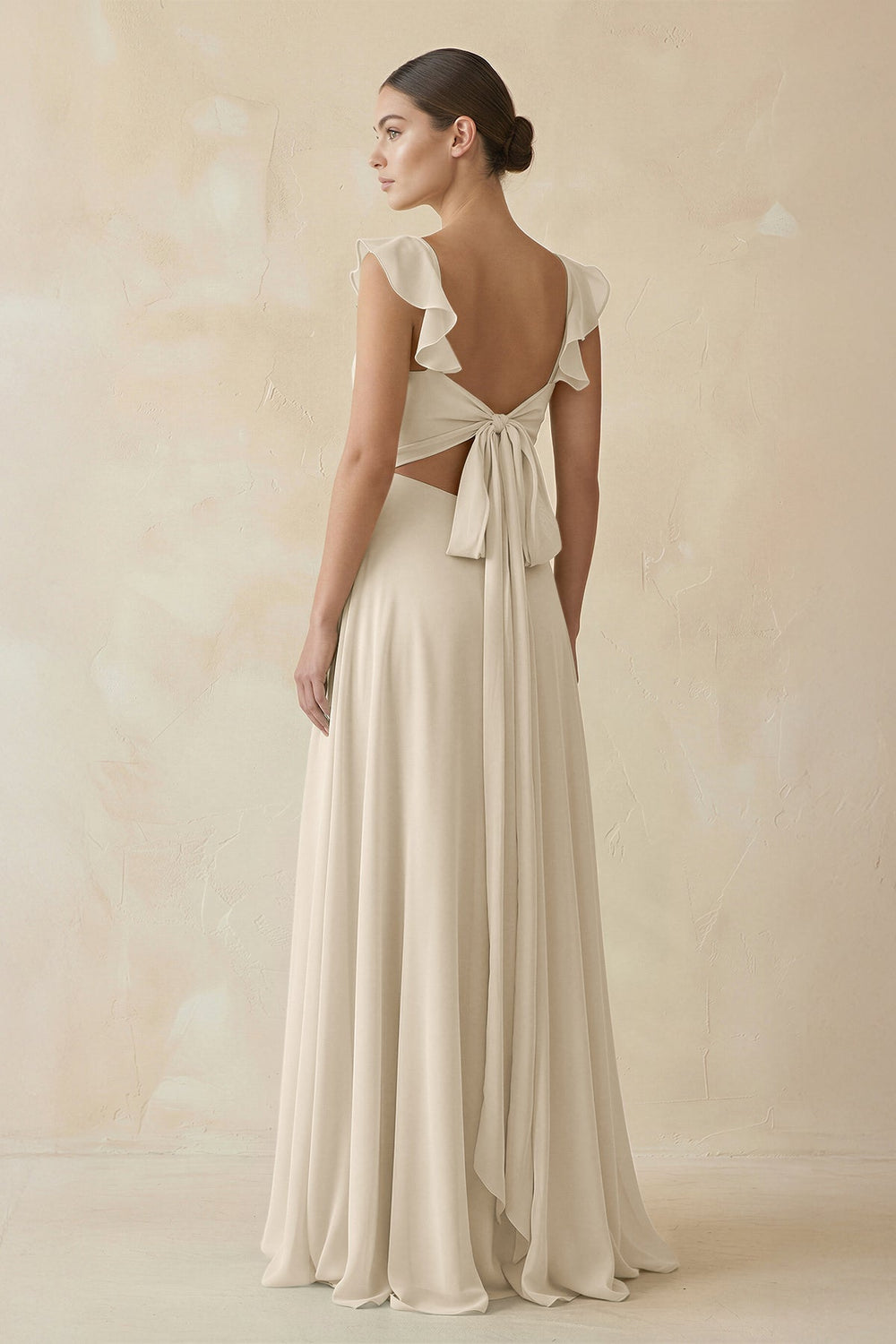 Ruffled Chiffon A - Line Long Bridesmaid Dress in Champagne - KissProm