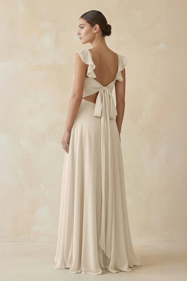 Ruffled Chiffon A - Line Long Bridesmaid Dress in Champagne - KissProm