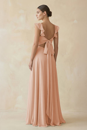 Ruffled Chiffon A - Line Long Bridesmaid Dress in Champagne Rose - KissProm