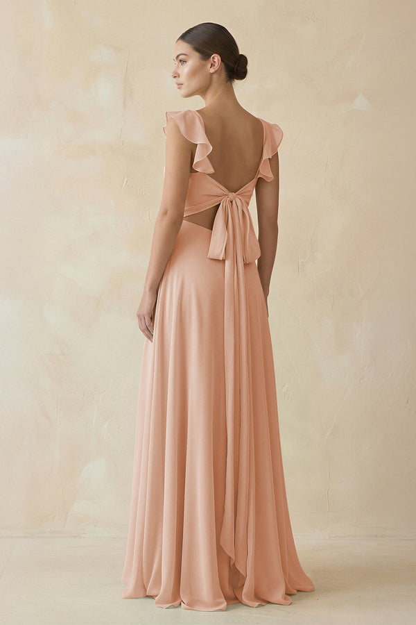 Ruffled Chiffon A - Line Long Bridesmaid Dress in Champagne Rose - KissProm