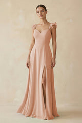 Ruffled Chiffon A - Line Long Bridesmaid Dress in Champagne Rose - KissProm