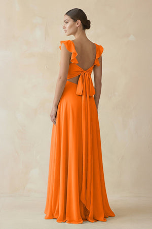 Ruffled Chiffon A - Line Long Bridesmaid Dress in Cinnamon - KissProm