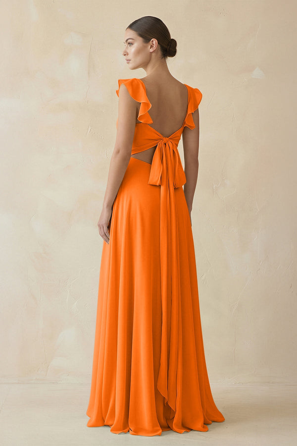 Ruffled Chiffon A - Line Long Bridesmaid Dress in Cinnamon - KissProm