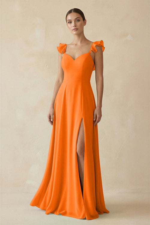 Ruffled Chiffon A - Line Long Bridesmaid Dress in Cinnamon - KissProm