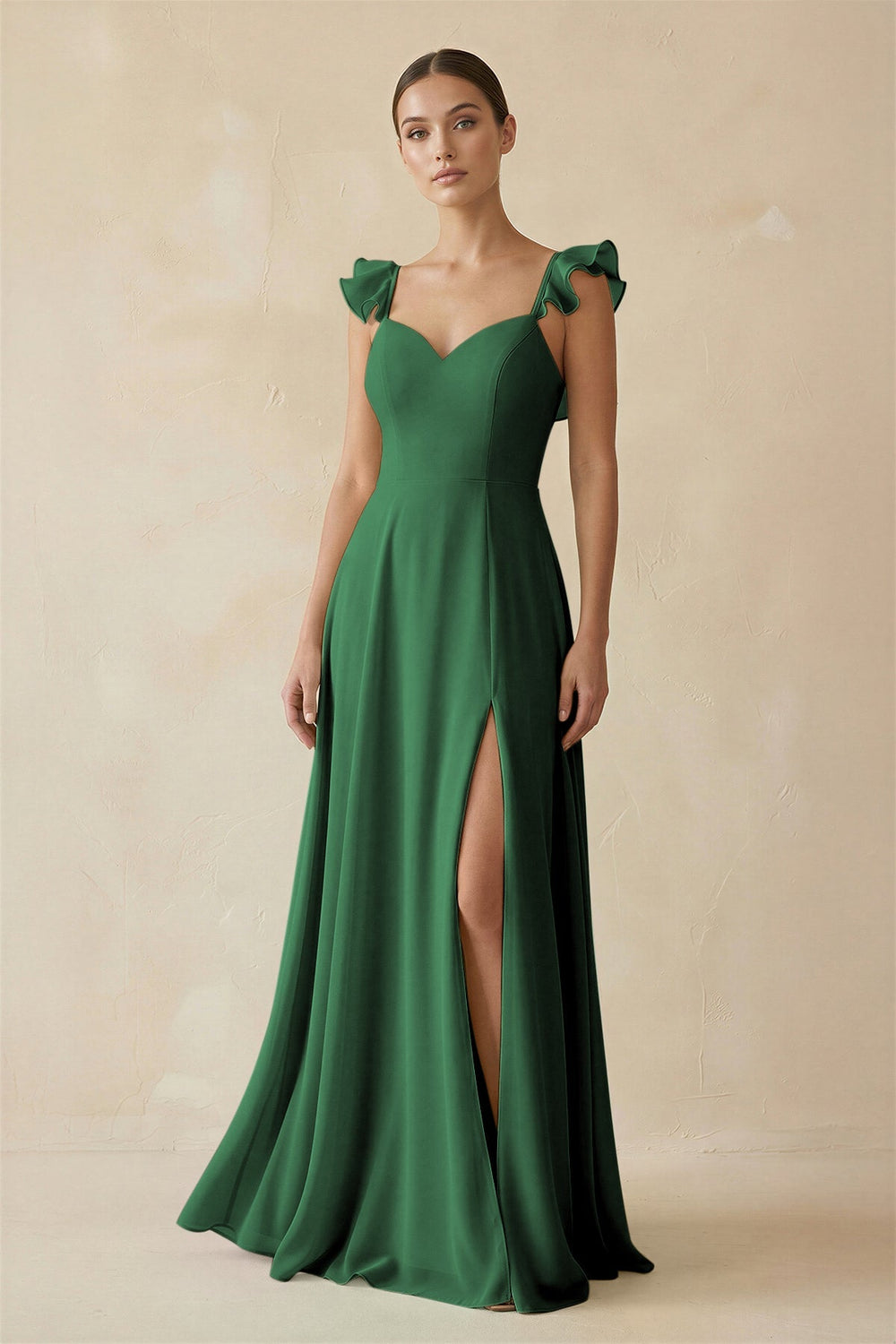 Ruffled Chiffon A - Line Long Bridesmaid Dress in Dark Green - KissProm