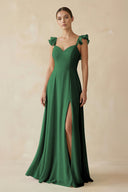 Ruffled Chiffon A - Line Long Bridesmaid Dress in Dark Green - KissProm