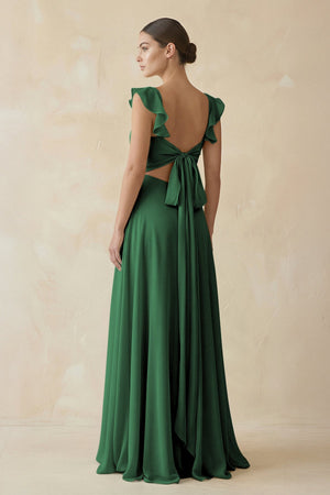 Ruffled Chiffon A - Line Long Bridesmaid Dress in Dark Green - KissProm