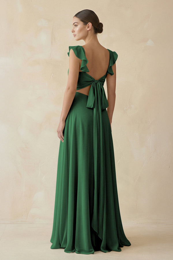 Ruffled Chiffon A - Line Long Bridesmaid Dress in Dark Green - KissProm
