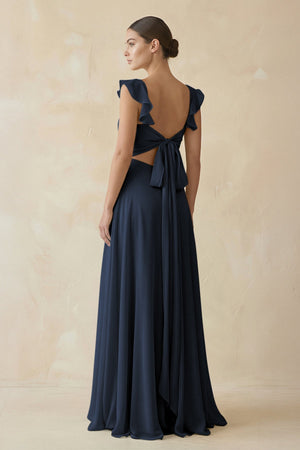 Ruffled Chiffon A - Line Long Bridesmaid Dress in Dark Navy - KissProm