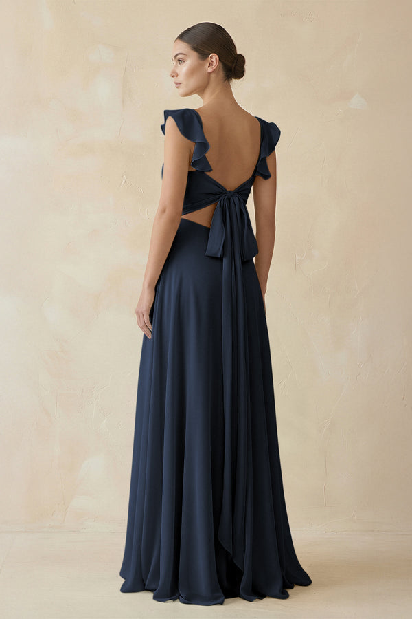 Ruffled Chiffon A - Line Long Bridesmaid Dress in Dark Navy - KissProm