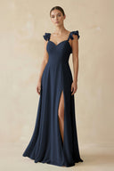 Ruffled Chiffon A - Line Long Bridesmaid Dress in Dark Navy - KissProm